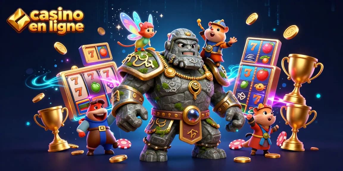 Plongez dans l'univers du casino en ligne avec un golem magique et une fée, entourés de machines à sous scintillantes.