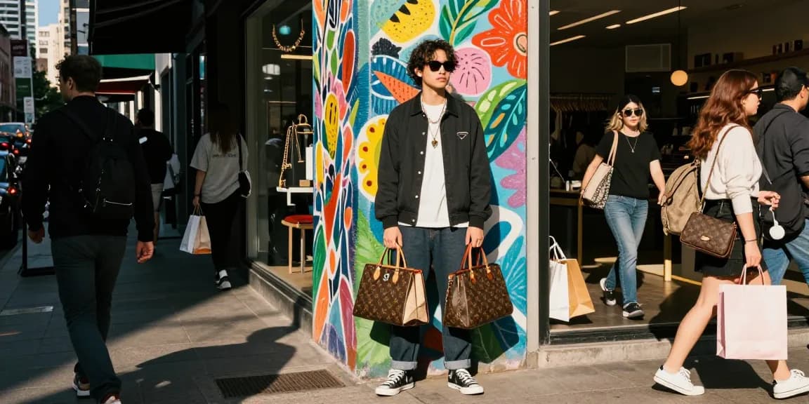 Fashionable urban scene with a collection of 레플리카 accessories against a colorful mural.