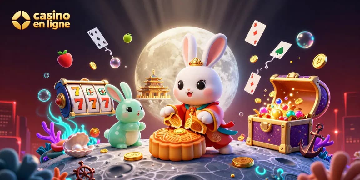 Jouer dans un casino en ligne avec une illustration de lapin lunaire et des jetons de poker.