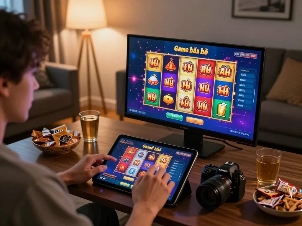 Engaging gameplay of Game bài nổ hũ on a tablet in a cozy home setting, highlighting excitement and strategy.
