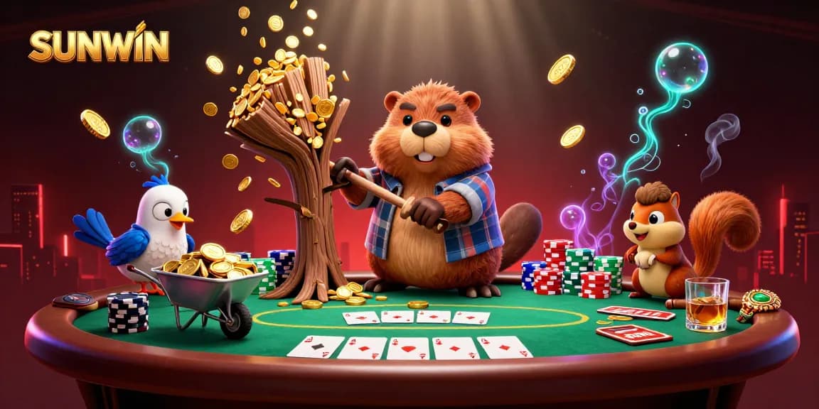 SUNWIN offers a vibrant 3D scene featuring a beaver chopping a tree that showers golden coins among poker elements, vibrant characters in action.