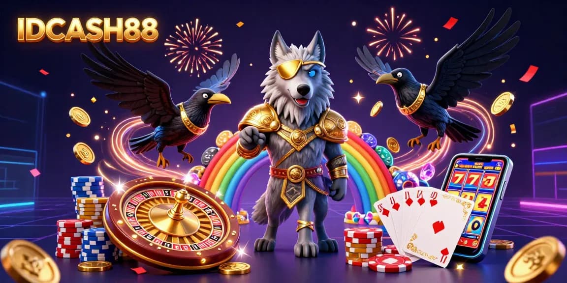 Experience IDCASH88's thrilling design with Odin, gold coins, and glowing chips in vibrant casino scene.
