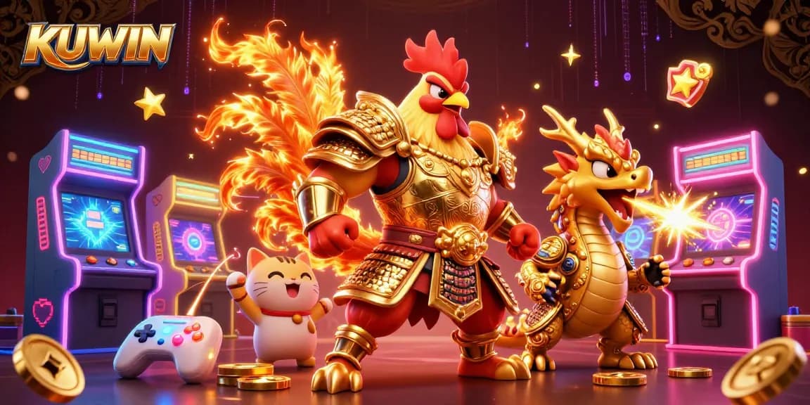 Engage with KUWIN's dynamic gaming realm featuring a samurai rooster, dragon, and arcade elements.