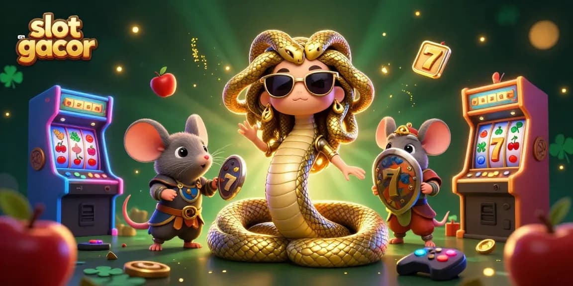 Gambarlah slot gacor dan simbol jackpot dengan Medusa yang imut dan teman-temannya di latar belakang berkilau.