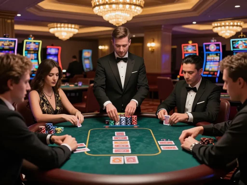 B52club players engaging in an exciting poker game, showcasing strategy and anticipation in a luxury casino setting.