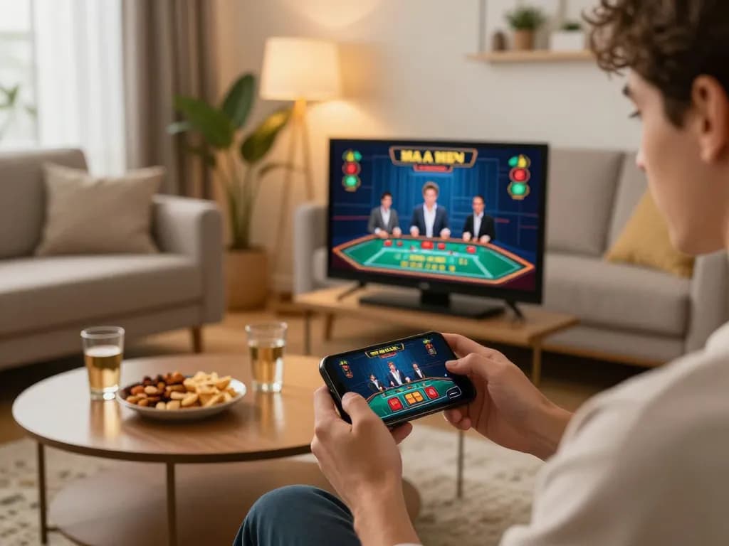 Engaging in kp88 đăng ký while enjoying a live dealer baccarat game on smartphone in a cozy home setting.