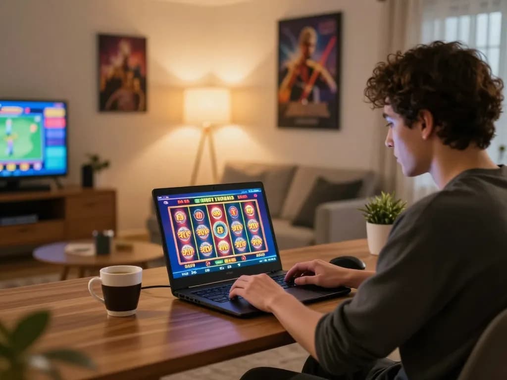 Player enjoying 98win slots on a laptop in a cozy home setting with engaging gameplay.