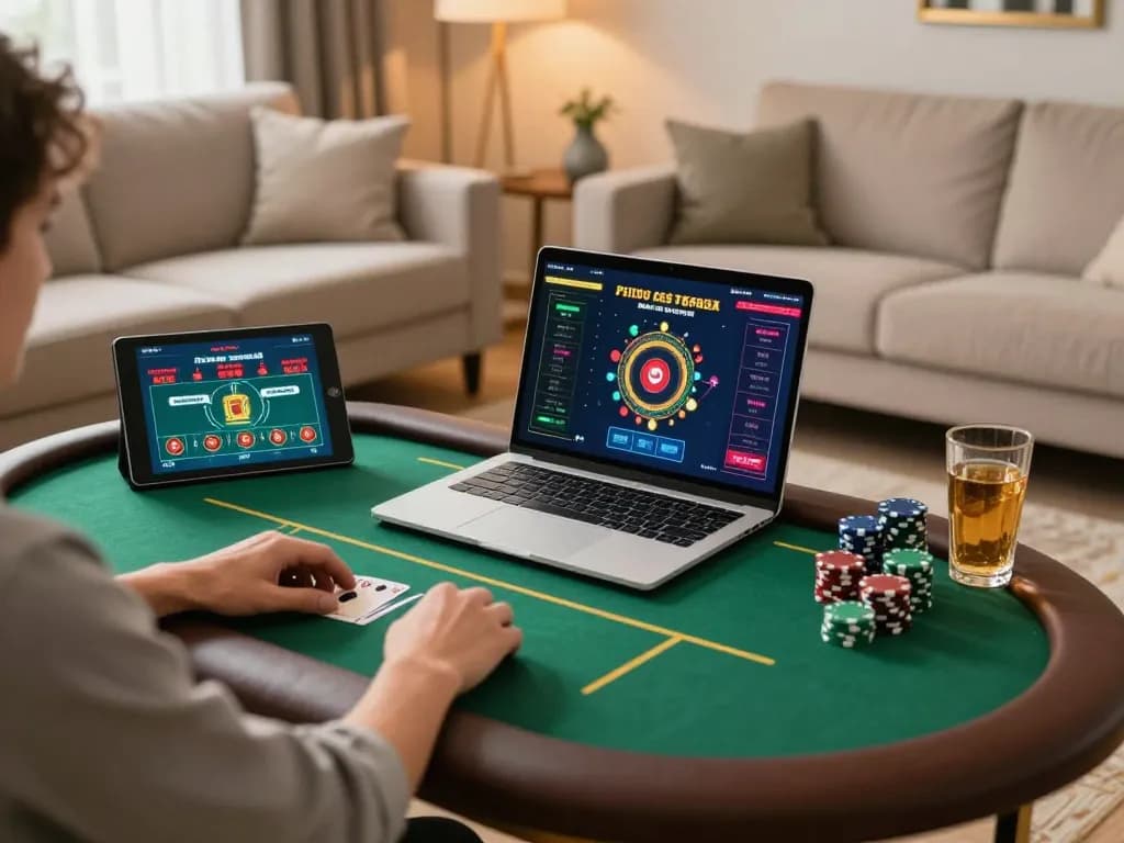 O8 player enjoying an online poker game in a cozy home setup, showcasing strategy and excitement
