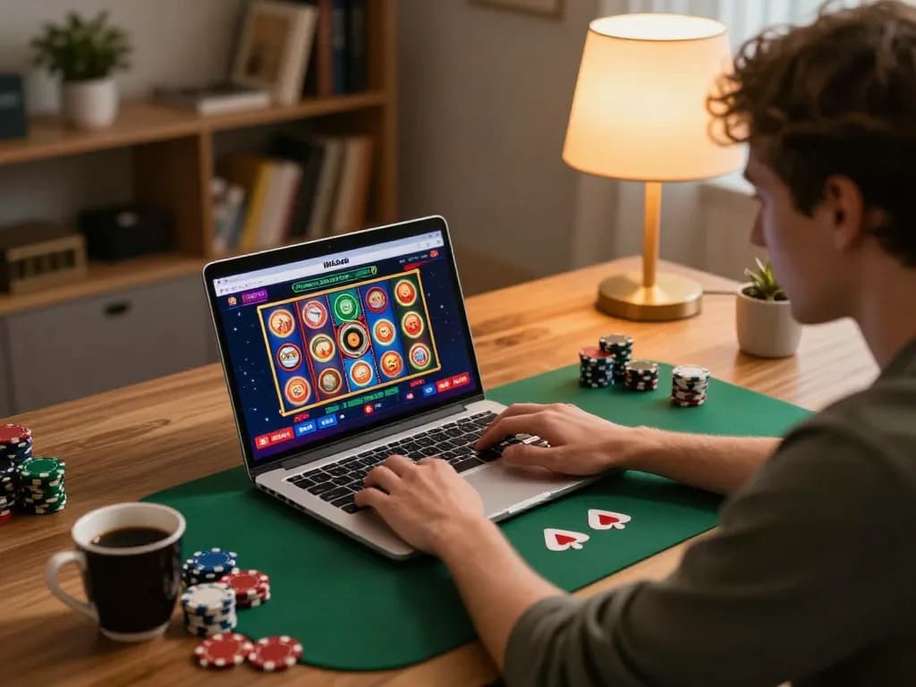 Active player using Hitclub online casino on a laptop, showcasing vibrant game interface and cozy home setting