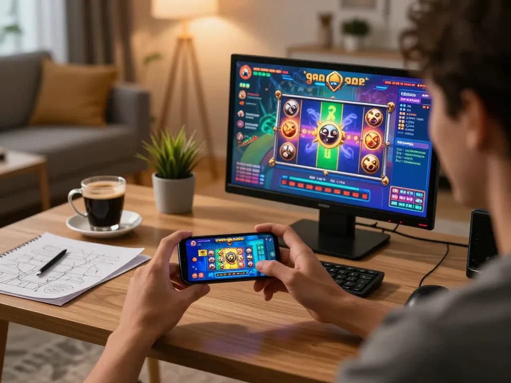 Engaging with a slot gacor app on a smartphone, joyful home setting for online gambling