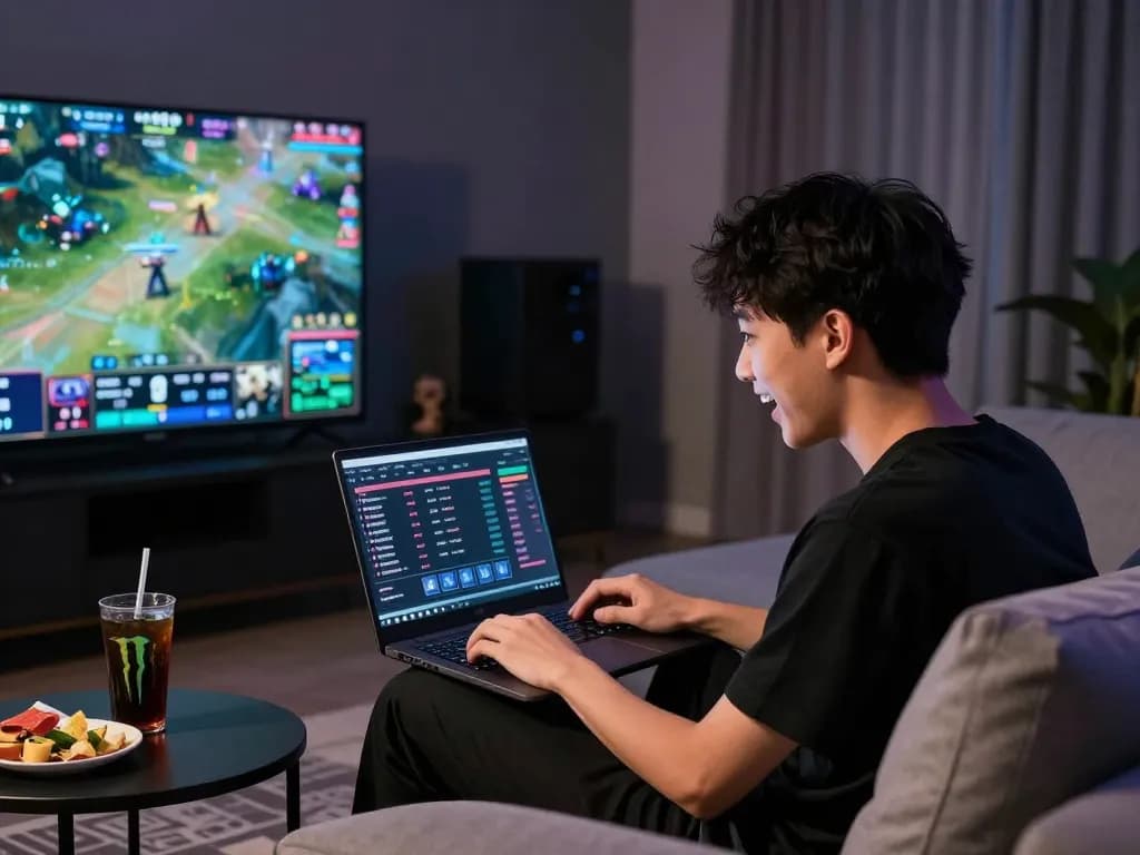 Gamer engaged in esports betting Singapore on a laptop, with tournament highlights visible in a cozy atmosphere.