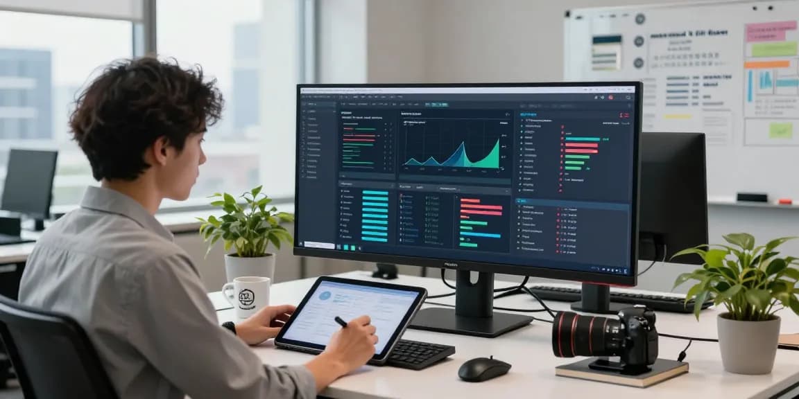 AI detector dashboard in a modern workspace with a data analyst tracking content moderation metrics.
