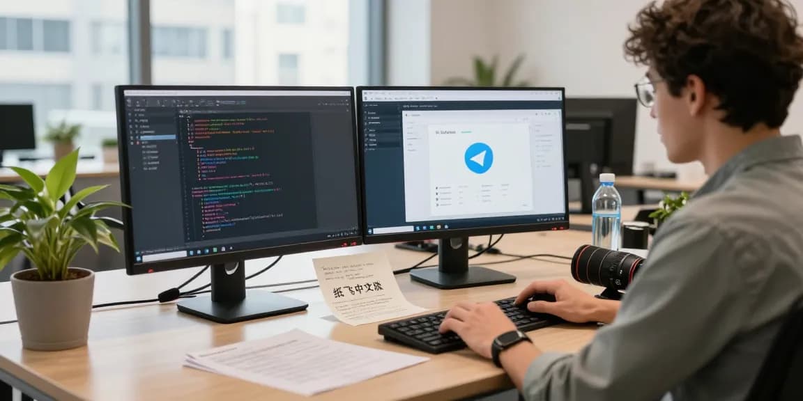 Person using the 纸飞机中文版 interface on a dual monitor setup in a bright tech office environment.