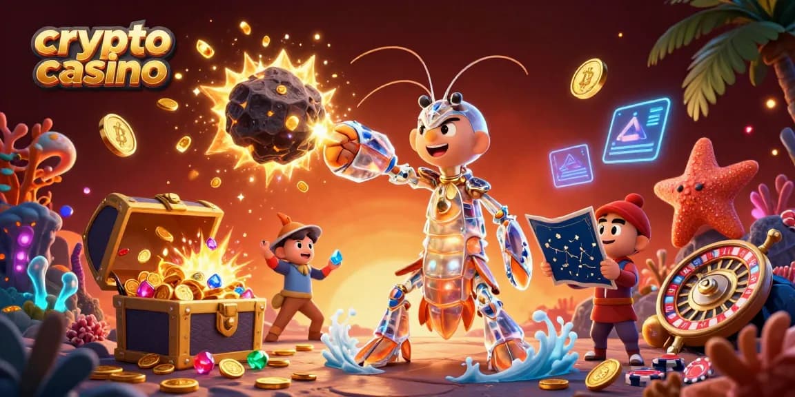 Illustration 3D d'un crypto casino avec des personnages de samouraï et étoile de mer, éclatant des gemmes et pièces d'or
