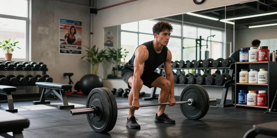 Athlete lifting weights in gym with Astera Shop supplements in view, showcasing dedication to fitness.
