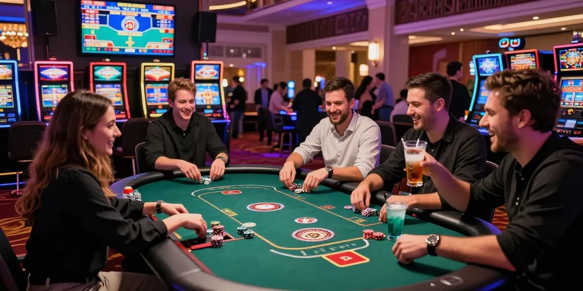 Des joueurs engagés à une table de jeu de casino en ligne argent réel vibrante, montrant excitation et action.