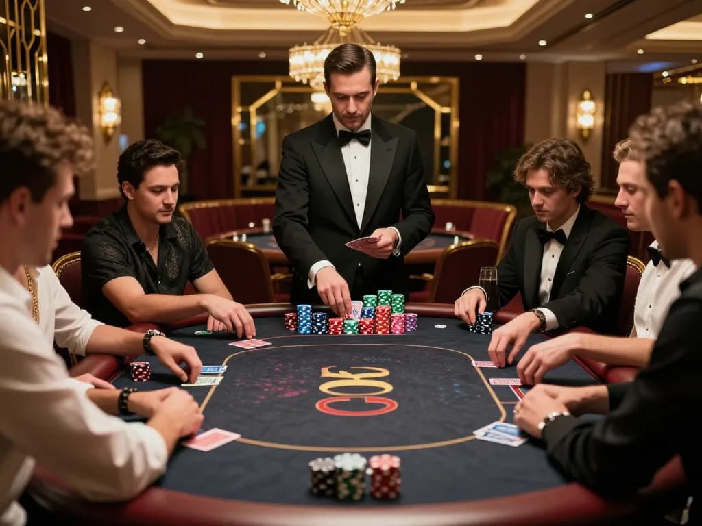 Players at an O8 poker table fiercely competing, showcasing a dynamic gambling atmosphere.