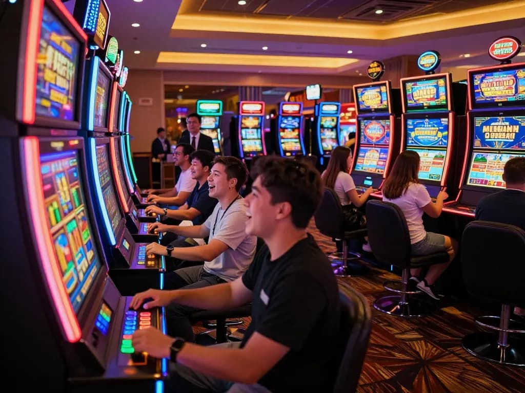 Players enjoying thrilling slot games in a colorful casino environment, capturing excitement and engagement.