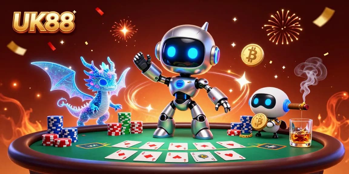 Engage with UK88's vibrant casino scene featuring a cyberpunk robot, a holographic dragon, and dynamic poker elements.