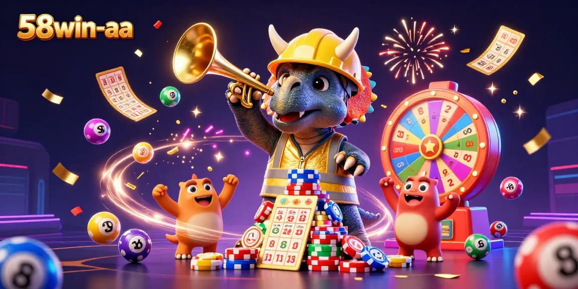 Experience celebration at 58win-aa with vibrant gaming elements and energetic characters.