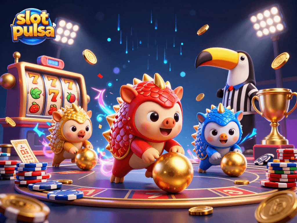 Experience thrilling action with slot pulsa as rival pangolins compete amidst poker chips and vibrant casino elements.