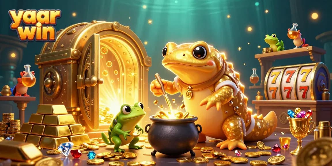 Experience yaar win with a vibrant scene of a golden salamander alchemist crafting riches, filled with slot reels and jewels.