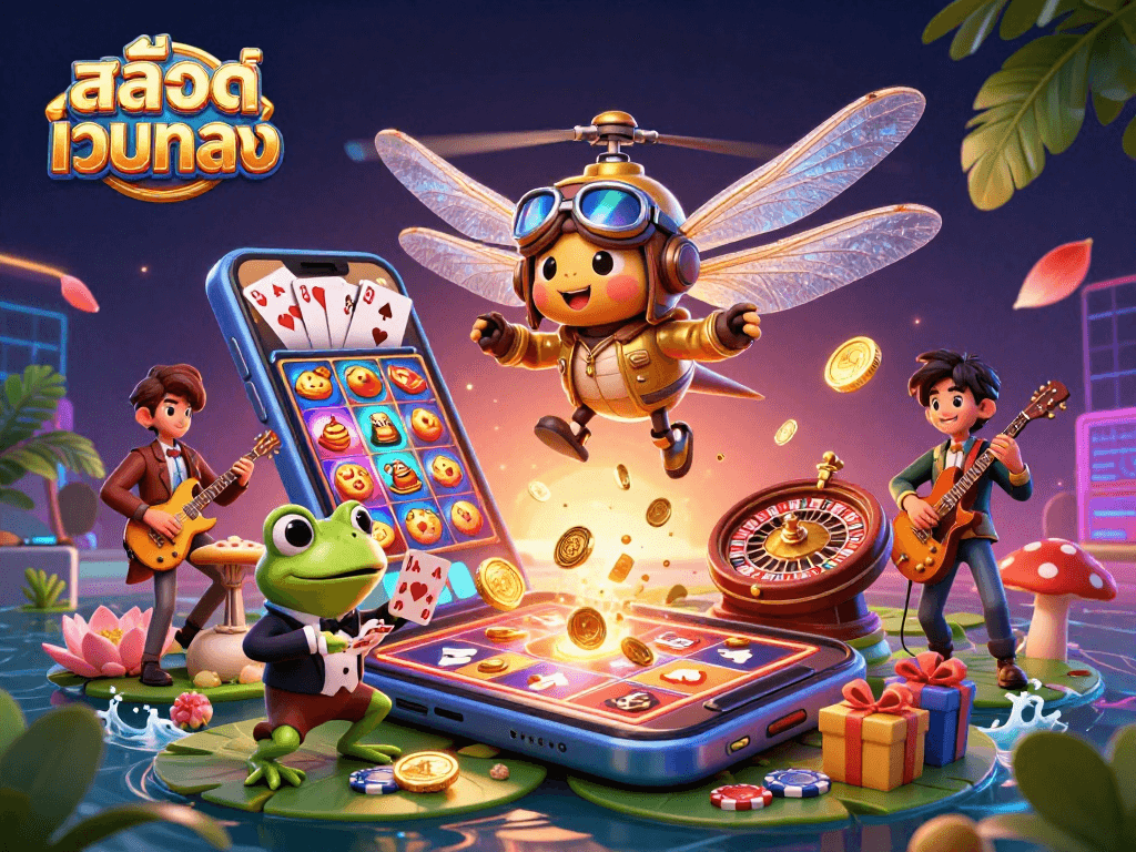 Engage with สล็อตเว็บตรง featuring a cartoon dragonfly pilot, frog croupier, and lively gaming elements.