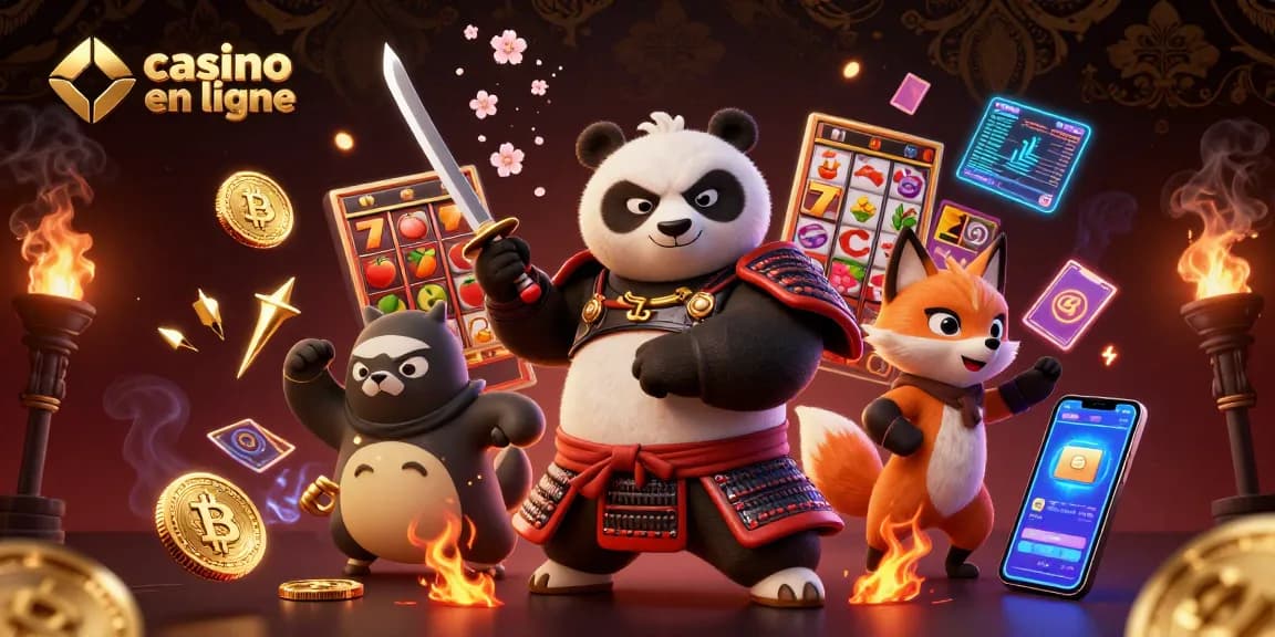 Illustration 3D d'un panda samouraï et un renard ninja dans un casino en ligne avec des jeux de machines à sous.