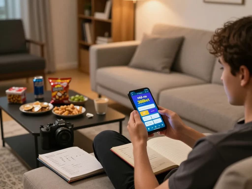 Engaging gaming scene showcasing a player using the nhà cái 388bet app on their smartphone in a cozy home setup
