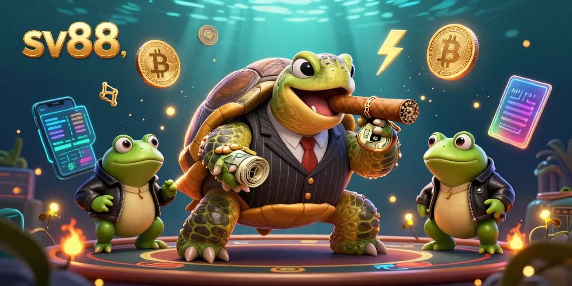 Bet on sv88 with a massive snapping turtle in a pinstripe suit and bullfrog enforcers amidst casino lights.