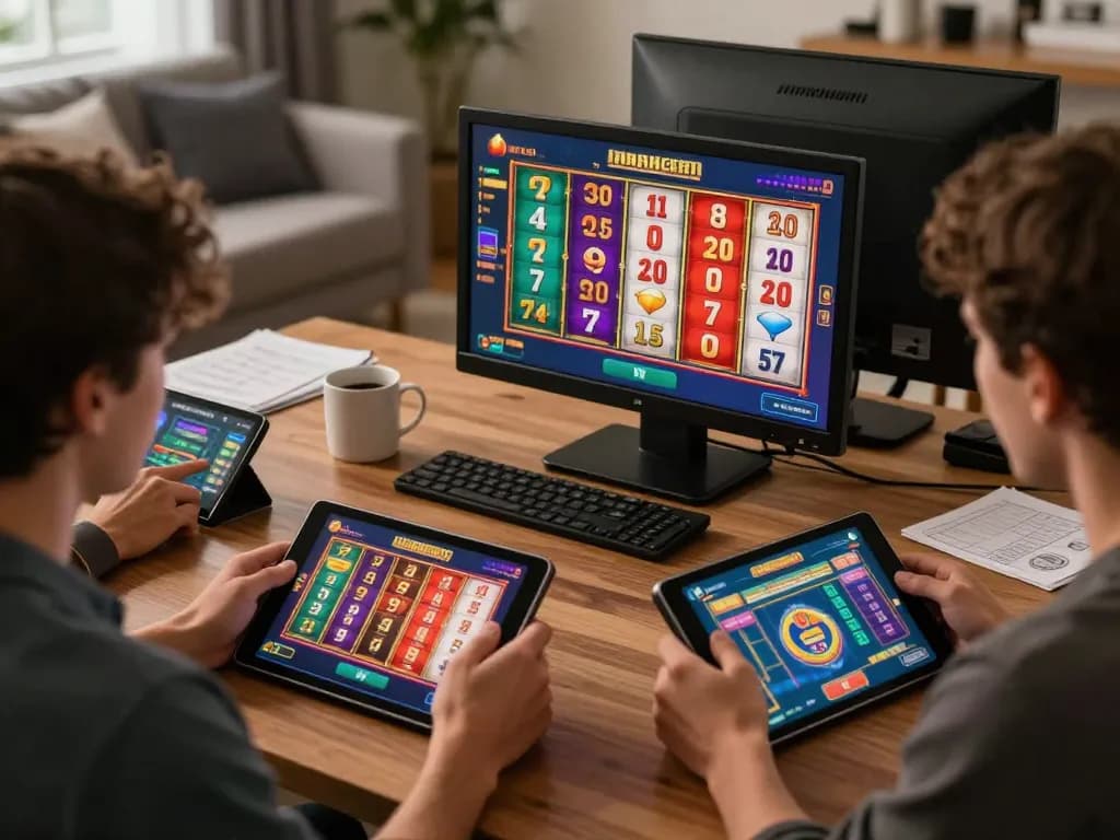 Pemain yang terlibat dalam permainan slot online aneka4d, menunjukkan kegembiraan dan strategi dalam pengaturan rumah yang nyaman