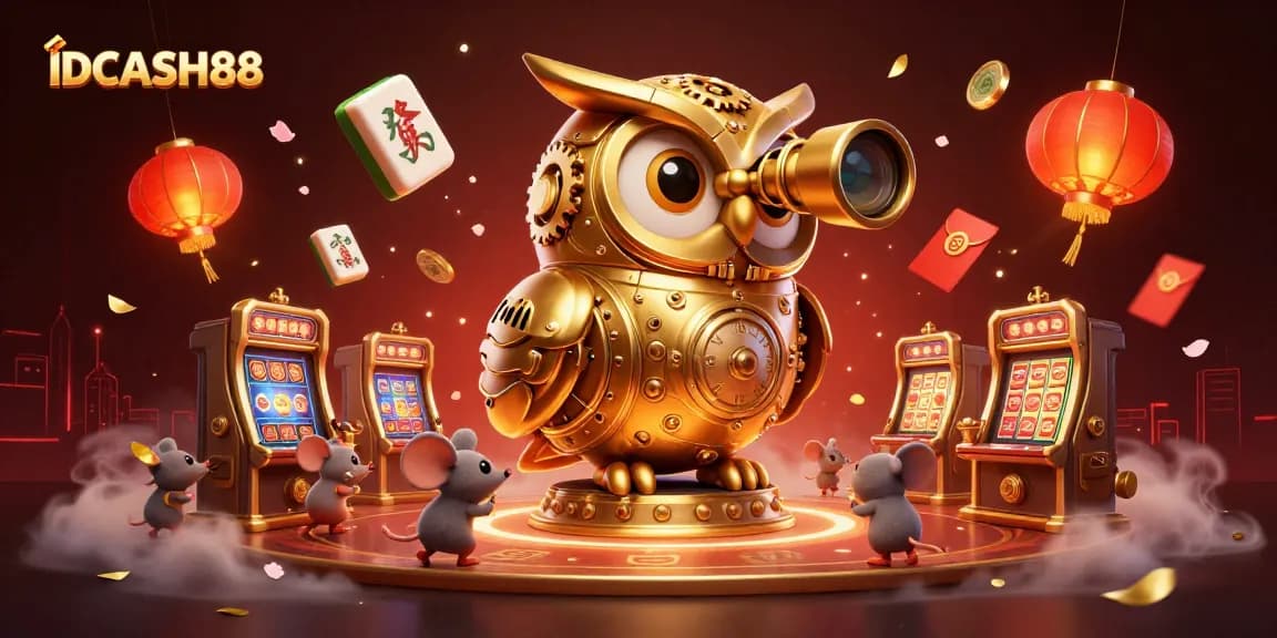 Experience thrilling gameplay at IDCASH88 with a dynamic illustration of a golden owl observing the casino floor.