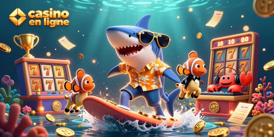 Un casino en ligne animé avec un requin marteau sur une vague de pièces d'or et des éléments de jeu sous-marins.