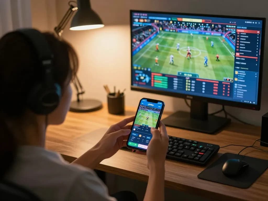 Engaging with sports betting using qh88go app in a modern home office setting