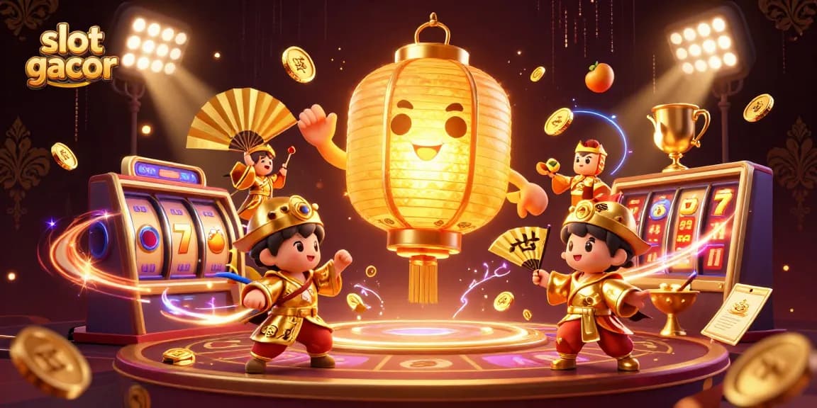 Menang di slot gacor dengan ilustrasi kasino yang penuh cahaya dan elemen beruntung.