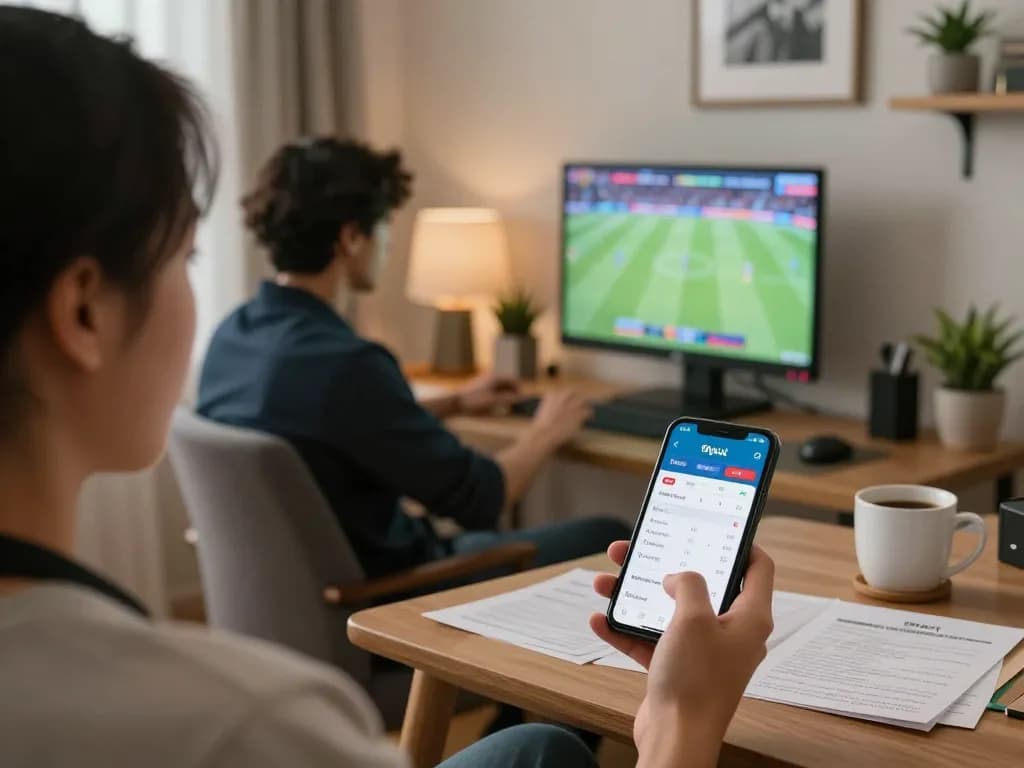Engaging sports fan using the 90phut app for real-time betting updates in a cozy home setting.