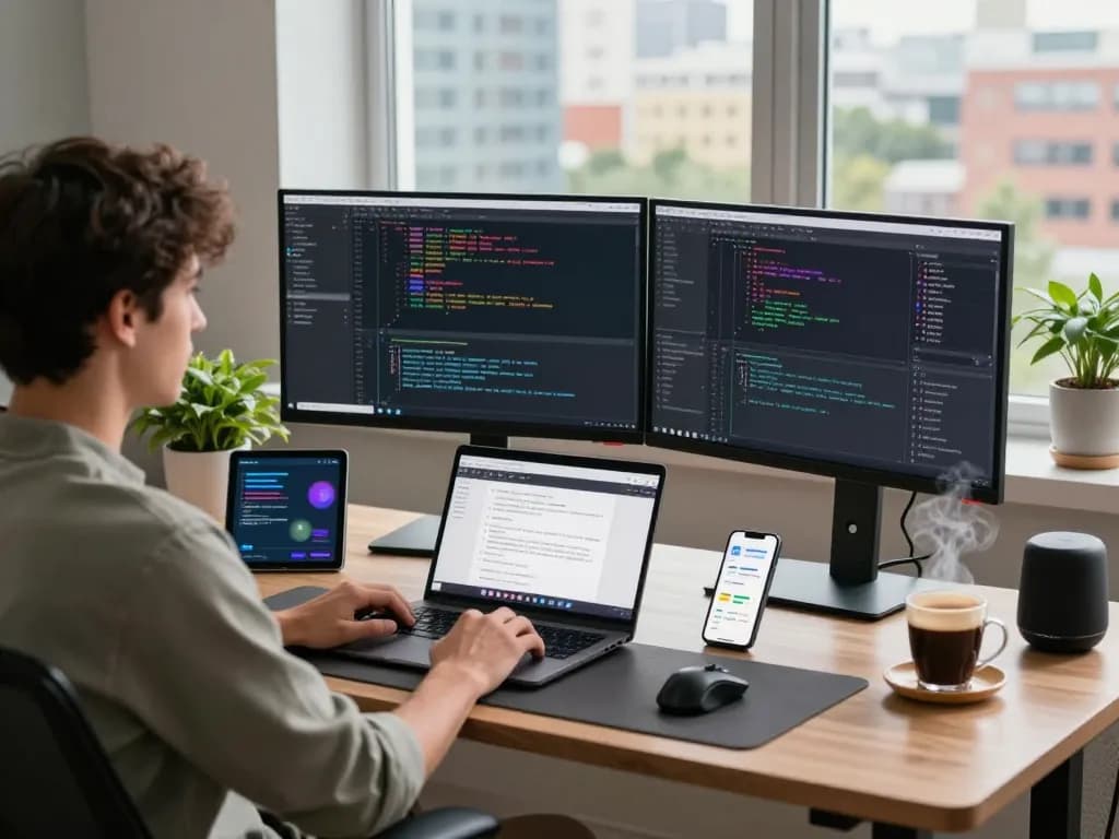 A developer using Clawdbot in a modern coding workspace with dual monitors and interactive tech.