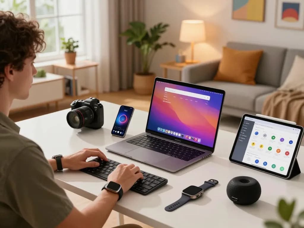 Affordable tech gadgets showcased in a cozy urban home office, featuring a Bluetooth keyboard and smartwatch.