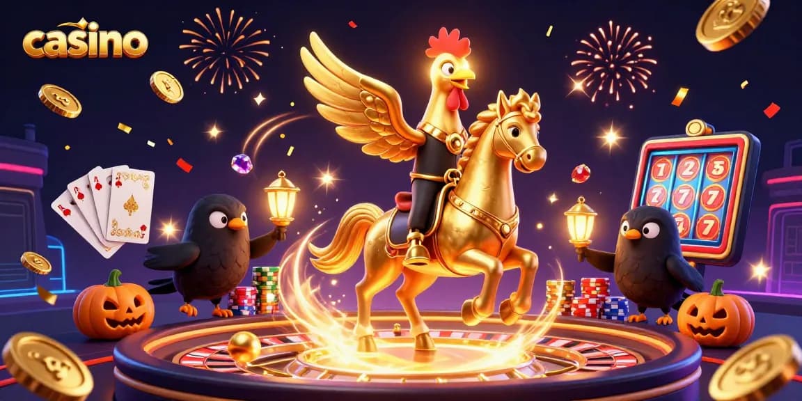 Experience thrilling casino action with the golden rooster in a vibrant midnight scene.