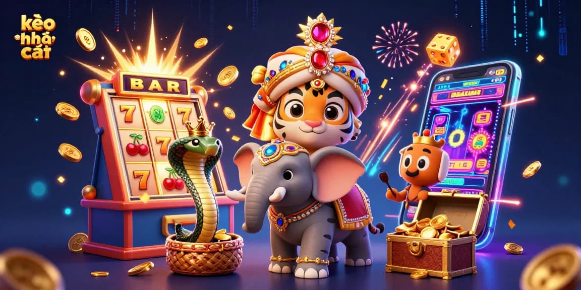 Engage in kèo nhà cái action with a vibrant 3D illustration featuring a royal tiger and jackpot elements.