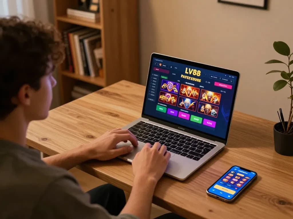 Engaging in live betting at LV 88 with a cozy home setup featuring a laptop and smartphone.