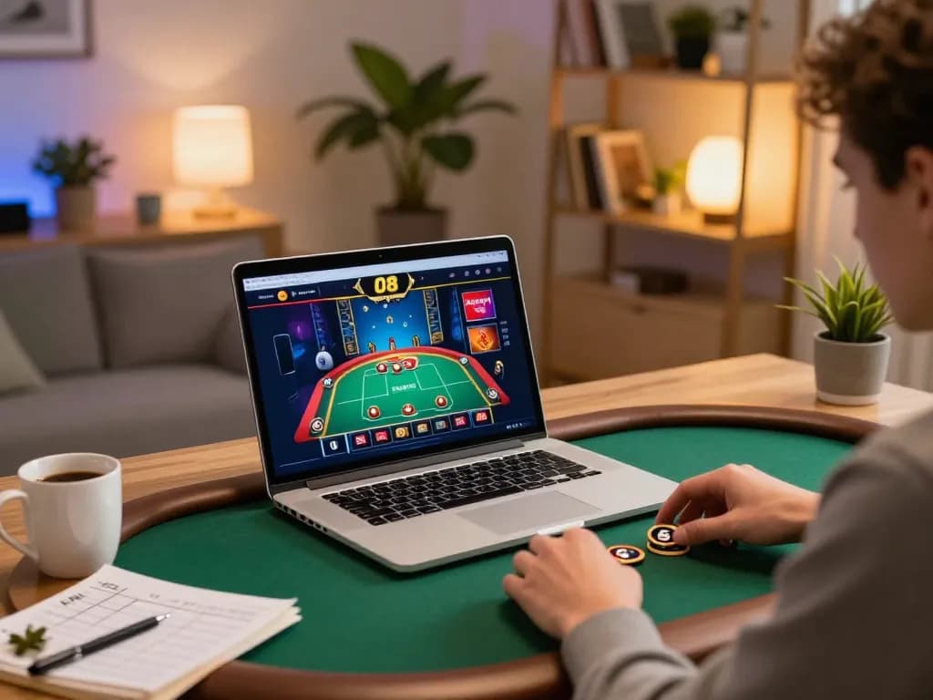 Player enjoying poker on O8 online casino interface in a cozy home office.