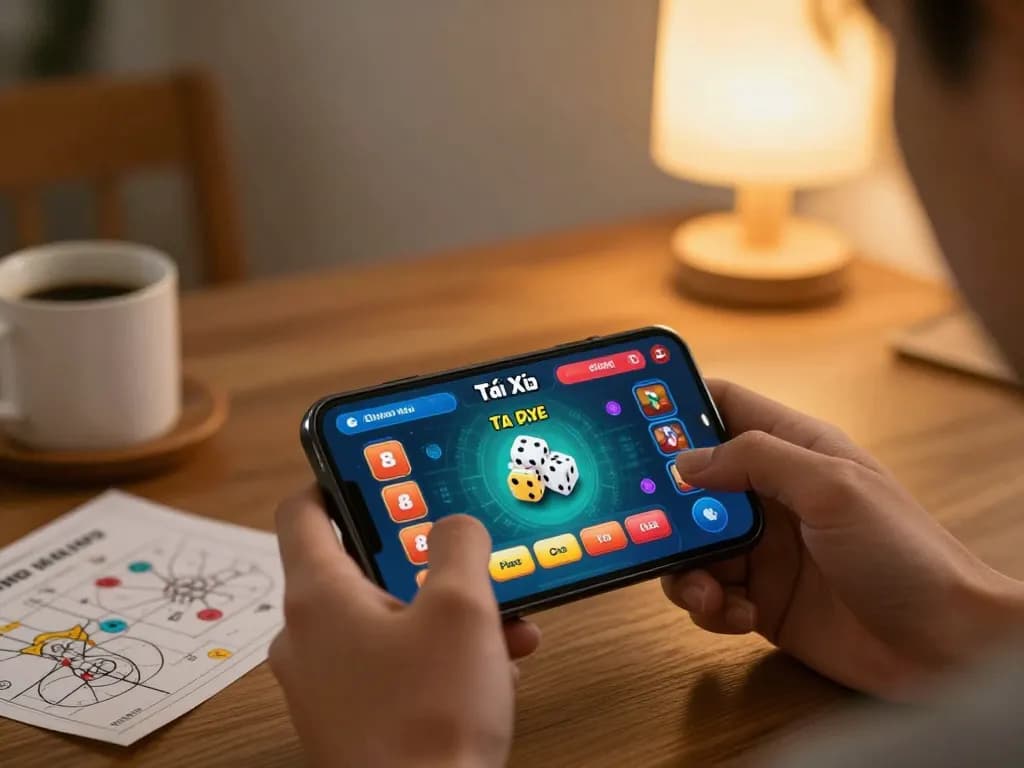 Playing app tài xỉu online on a smartphone in a cozy home setting with vibrant game interface.