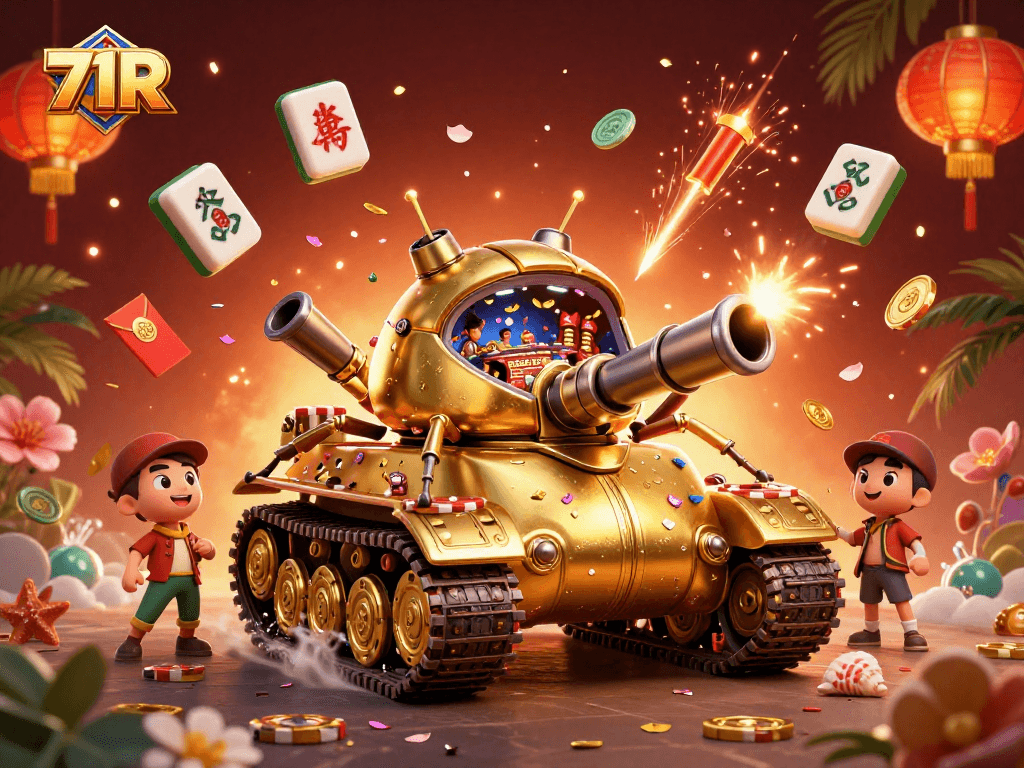 Aposte em 71R e descubra um cassino vibrante dentro de um tanque dourado com elementos de jogos de azar.