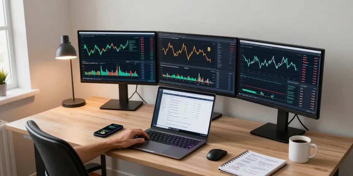 Cricbet trading workspace showcasing cryptocurrency analysis on multiple monitors, emphasizing secure trading practices.