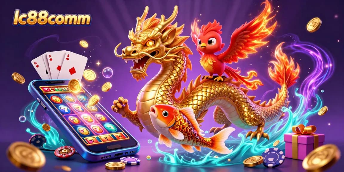 Experience thrilling gameplay at lc88comm with a golden dragon, phoenix, and coins flying in this vibrant casino illustration.