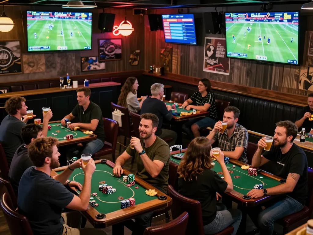 CakhiaTV live football match viewing at a sports bar with fans enjoying food and drinks.