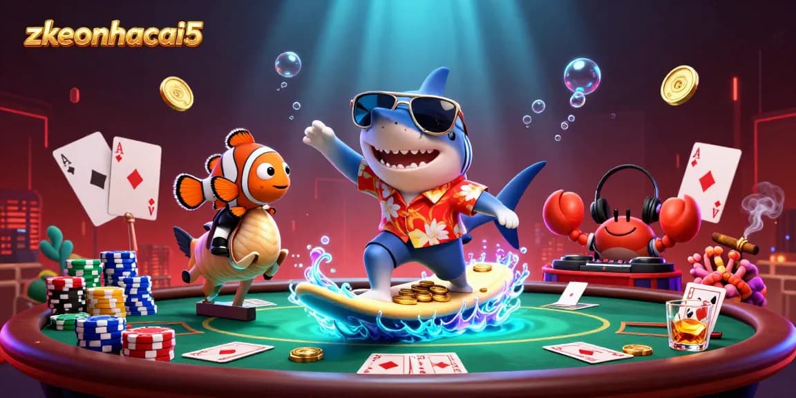 Wave of gold coins shows zkeonhacai5 action with lively characters at the poker table.