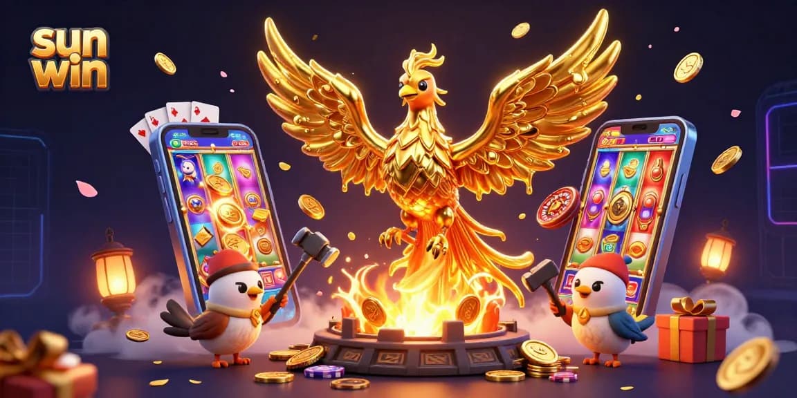 Experience sun win excitement with a golden phoenix, vibrant slots, and immersive casino elements.