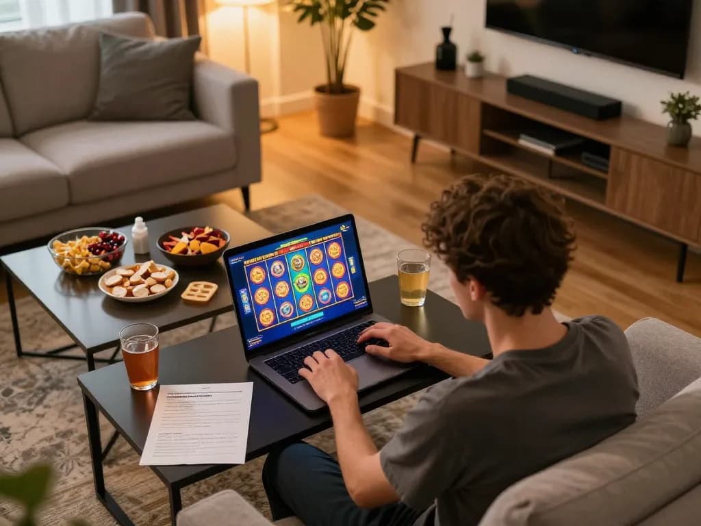 Engaging gameplay of slots not on gamstop on a laptop in a cozy home setting